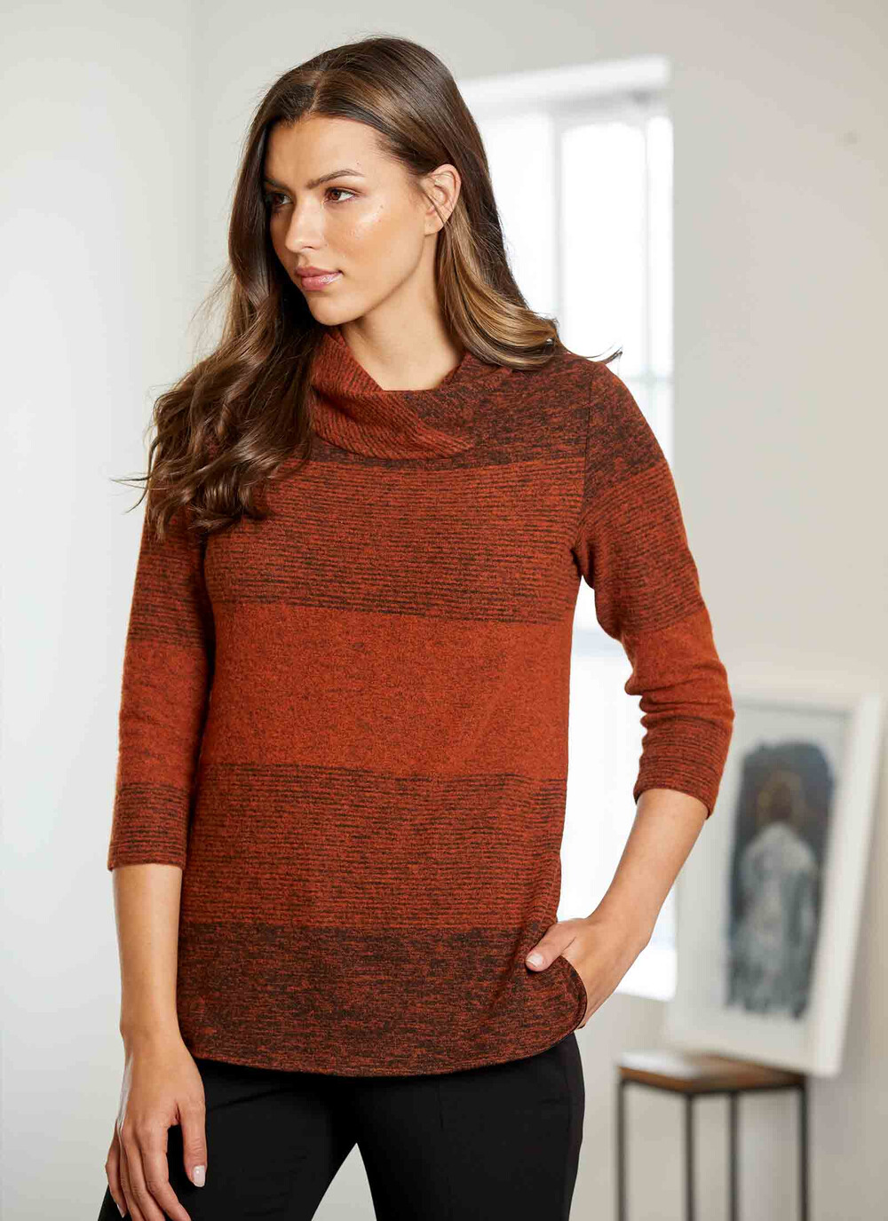 Female Country Casuals Rust Stripe Cowl Neck Tunic Top | Dark Orange ...